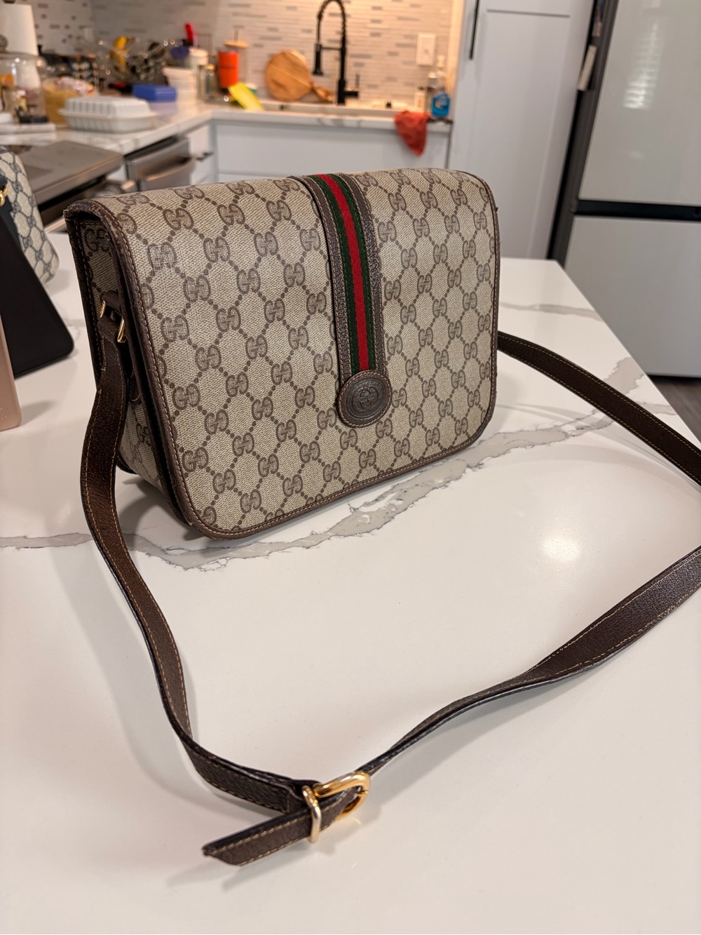 Gucci Beige GG Monogram Shoulder Bag with Green & Red Stripe
